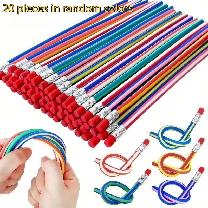 20 Flexible Pencils with Erasers in Random Colors, Soft and Colorful Striped Design for Students, Perfect Back to School Gift for Boys & Girls, Stationery, Writing Stationery, Office Stationery Supplies