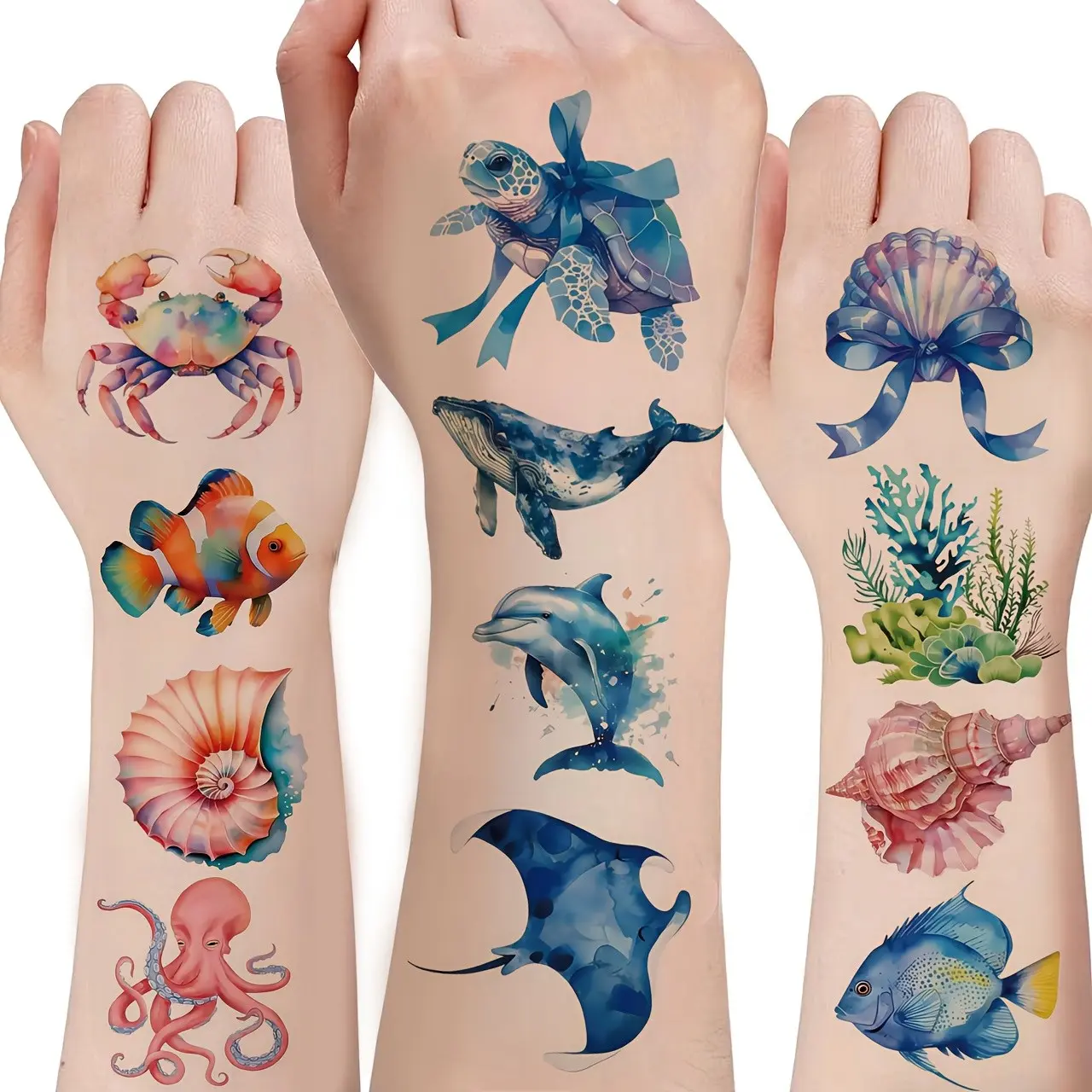 30 Pcs Ocean Theme Temporary Tattoo Stickers, Fake Tattoos, Sea Turtle Starfish Shark Whale Patterns, Holiday Birthday Gift, Body Art Decorations