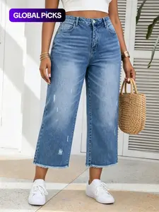 New Plus Size Women's Solid Color Washed Jeans, Loose-Fit Raw Hem Straight-Leg Pants for Spring & Summer, Blue Color