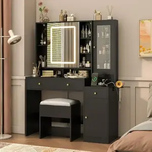 Mother's Day Gift Black Vanity Desk with Sliding Mirror & Lights Vanity Table Makeup Desk with Charging Station 2 Drawers 2 Doors Lots of Storage Shelves Large Vanity Set with Cushioned Stool Black White TikTok campaign