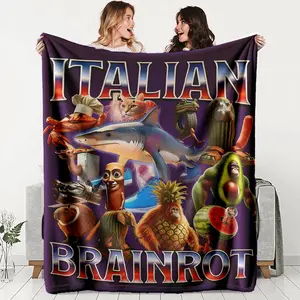 Italian Brainrot Theme Flannel Blanket, Soft Lightweight Warm, 100% Fiber, Perfect for Bed Sofa Office Camping Travel Gift, Flannel Throw Blanket