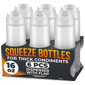 Set of 6 Inverted Condiment Squeeze Bottles 16 oz – Upgraded Design with Added Sealing Gaskets, Self-Closing Valve, Easy-to-Fill Clear Bottles for Sauces, Dressings, Ketchup, Mustard for Everyday Use