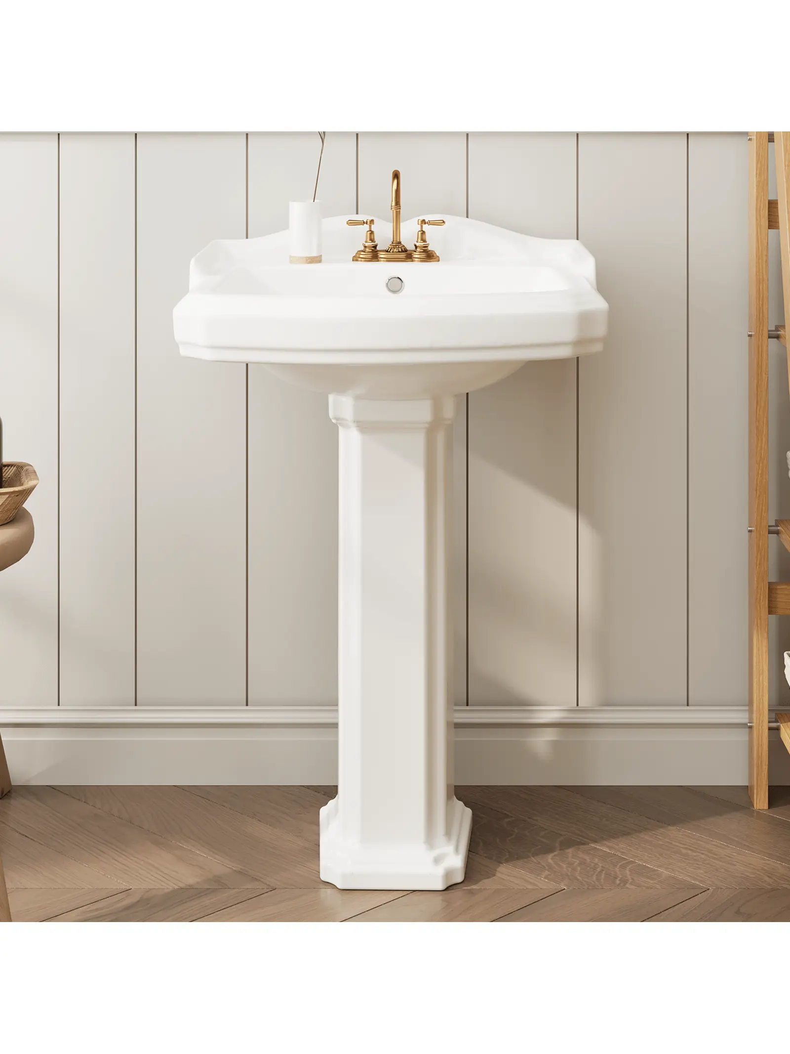 Vintage White Polished Rectangular Durable Ceramic Bathroom Pedestal Sink - 23" W x 19" D, Overflow, Efficient Drainage, 3 Pre-Drilled Holes, Easy Installation with Install Hardware, Fits 4-Inch & 8-Inch Faucets, Compact Design for Elegance, Bowl