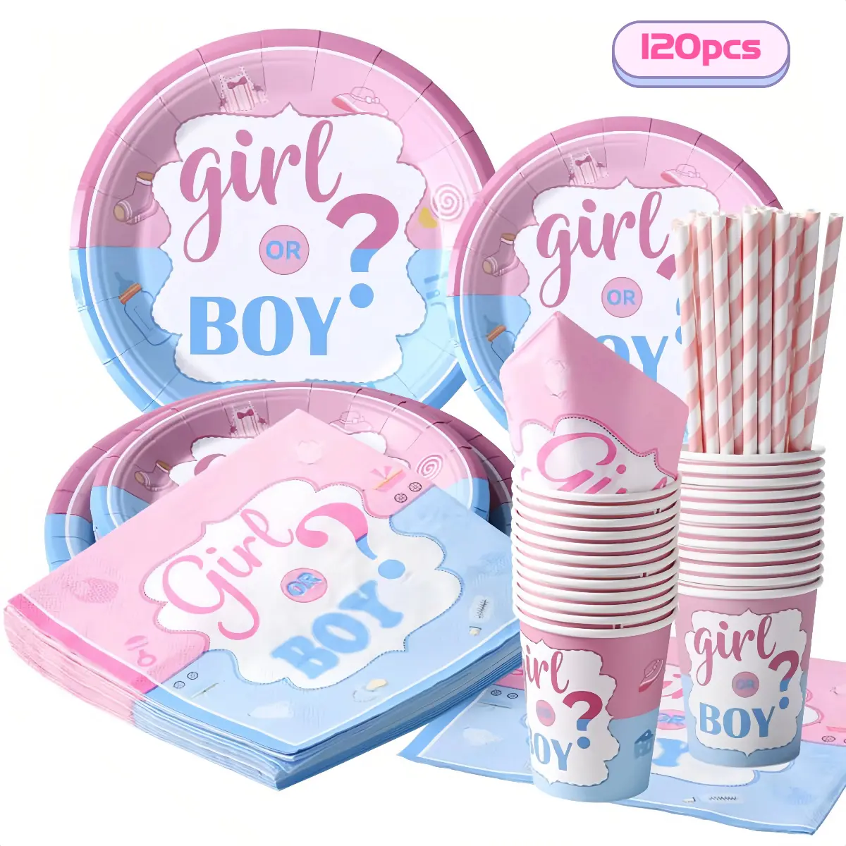 120pcs Eco-Friendly Baby Gender Reveal Disposable Tableware Set - 24-Person Service, Napkins, Cups, Plates, Cutlery, Pink & Blue for Baby Shower Party Decorations