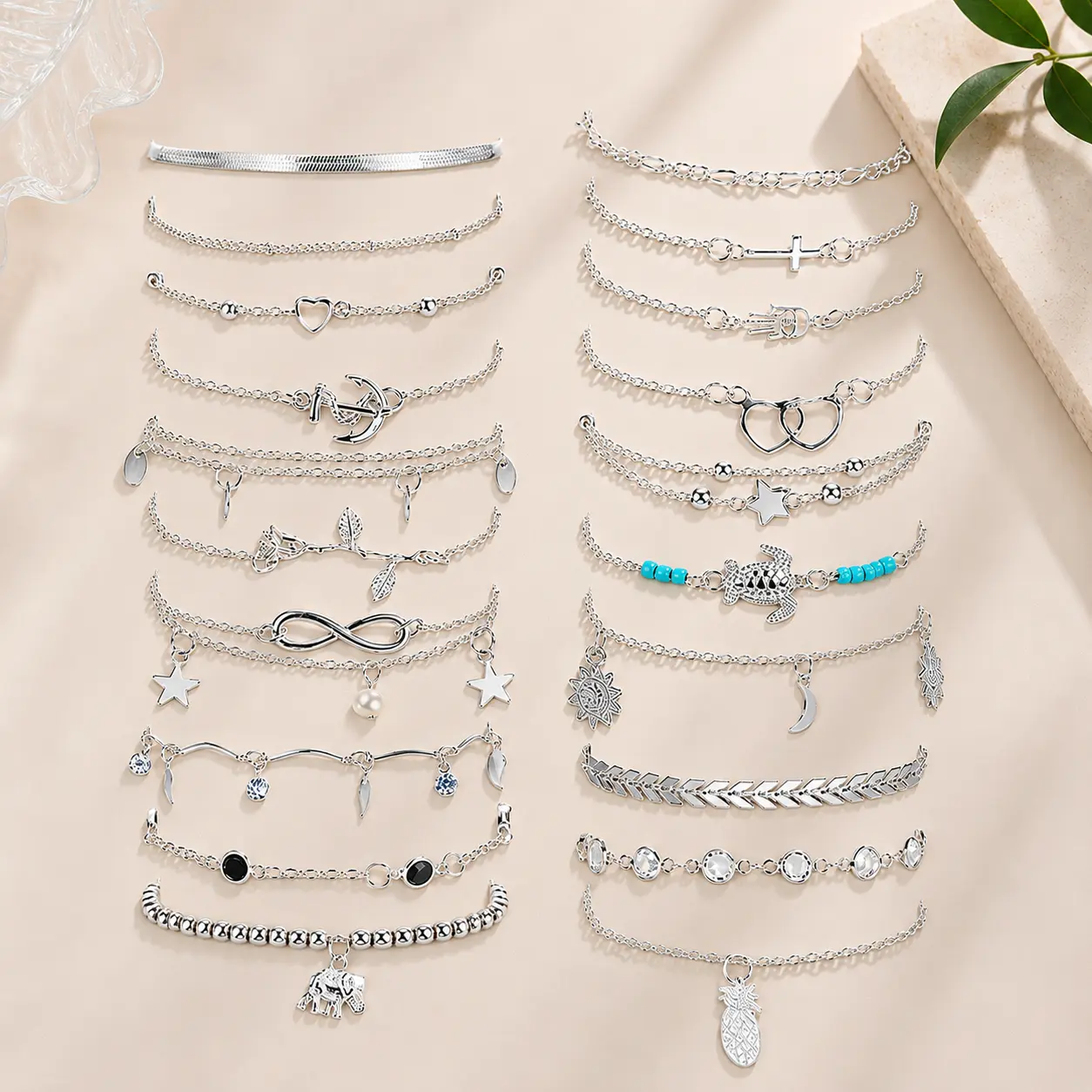 20Pcs Ankle Bracelets for Women Adjustable Beach Anklet Set Surfer Anklet Heart Star Turtle Infinite Anklets Foot Jewelry