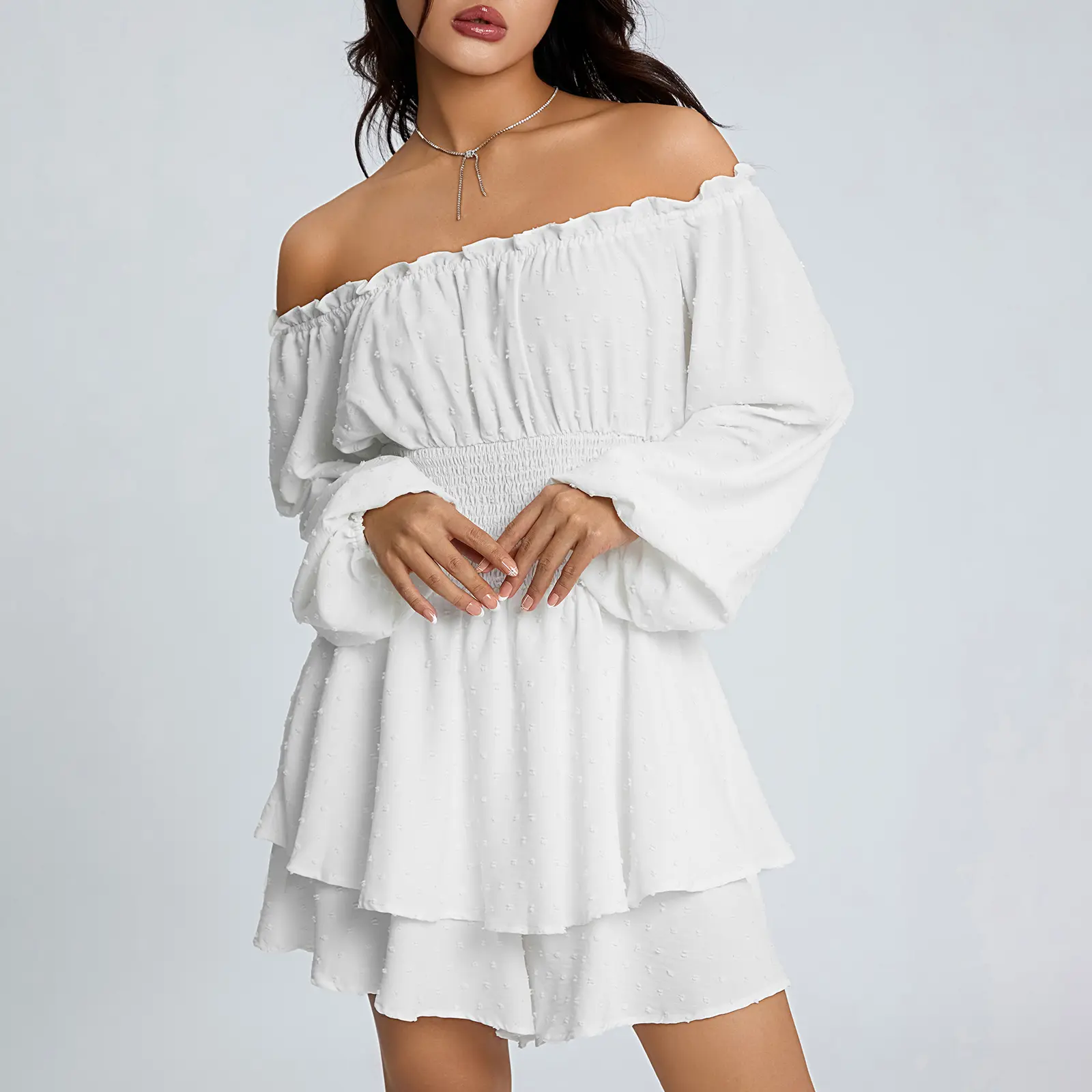 Women's Chic Off-Shoulder Romper - Puff Long Sleeves, Vintage Solid Ruffle-Layered Skort Mini Dress, Streetwear Fairy Costume with Premium Fabric, Fits Parties, Skirt, Lantern, Elegant, Smocked, Puff Sleeve, Style, Simple, Comfortable, Elastic, Breathable