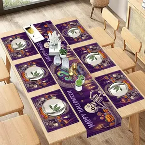 2D flat printing, 5-piece/7-piece Halloween skull magic pot table flag placemat set, cross-border holiday party table decoration placemat set, home decoration