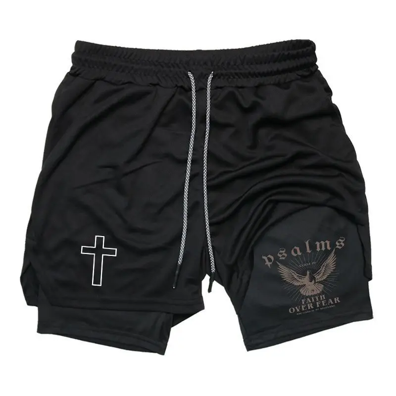 Child Of God Christian Performance Shorts Men's Print 2 in 1 Drawstring Waist Shorts, Men – Running Compression Shorts for Basketball