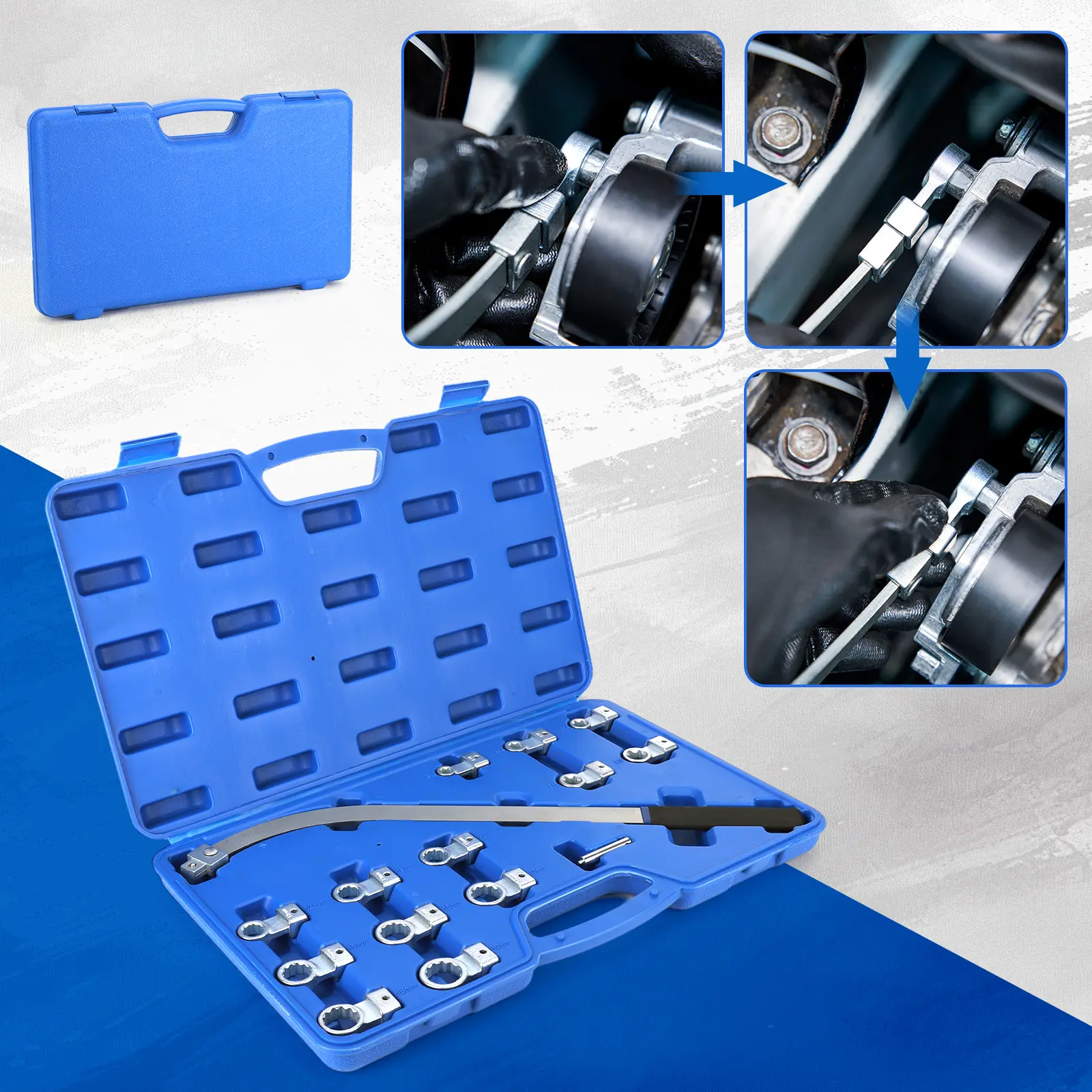 15-Pieces Universal Auxiliary Idler Belt Tensioner Pulley Removal Tool Kit, Professional Automotive Repair Hand Tool Set