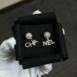 Pre-owned Chanel Crystal Strass & Pearl "CHA NEL" Asymmetrical Ear Jacket Earrings Gold Tone
