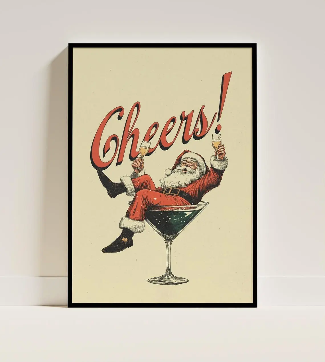 Santa Cheers Poster, Vintage Christmas Poster, Christmas Bar Poster, Christmas Wall Art, Bar Cart Print, Trendy Poster