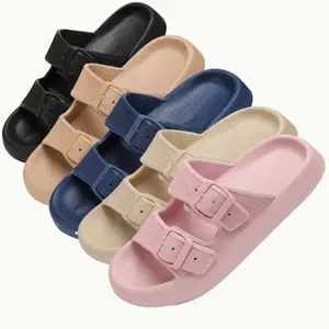 Women'S Fashion Color Slide Sandals - Open-Toe Low Heel with Adjustable Straps, EVA Upper & Sole, Pastel Pink, Deep Blue, Khaki, Black, Cute Sandals, Casual Footwear, Durable Footwear