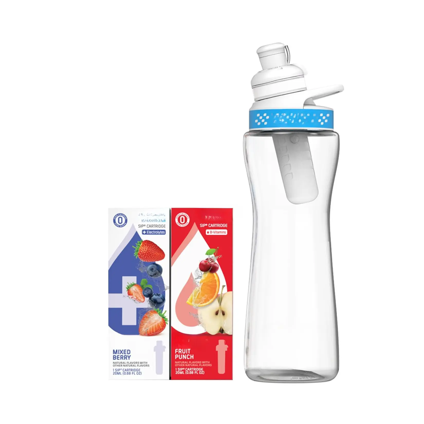 22oz. BPA-Free Plastic Water Bottle Starter Kit with Blue Lid, 2 Flavor Cartridges (1 LifeSip Fruit Punch, 1 FitSip Mixed Berry) No Sugar, Zero Calorie Drink Mix