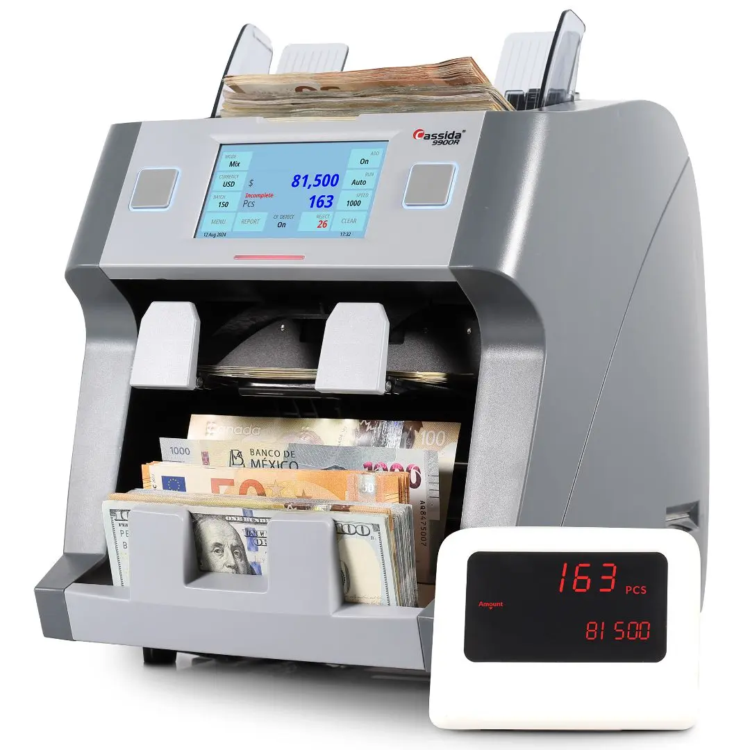 Cassida 9900R V2 Money Counter Machine - 2-Pocket Bank-Grade Mixed Bill Counter with Multi-Sensor Counterfeit Detection, Touchscreen UI