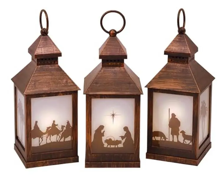 "Nativity Silhouette Scene Flameless LED Holiday Candle Lanterns, 9.5-Inch, Set of 3 – Antique Bronze Finish, Religious Christmas Décor with Warm Flickering LED Light, Battery Operated Lanterns for Mantel, Table, Porch & Holy Family Holiday Display"