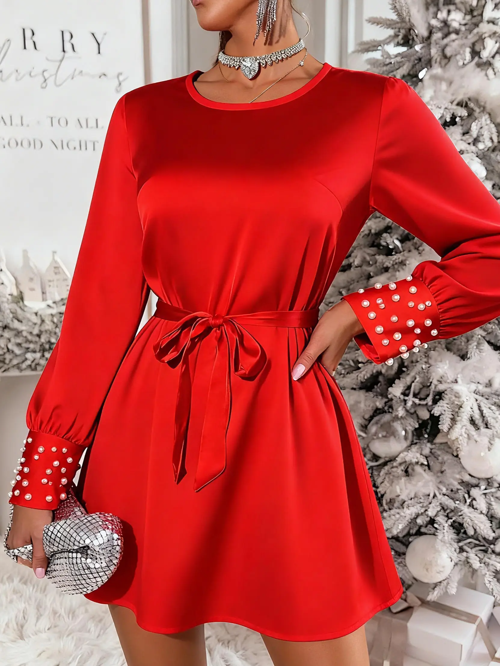 Women’s red satin crew-neck mini A-line dress with pearl sleeves — waist-cinching, slimming fit; suitable for all seasons; fashionable party dress; casual/formal women’s wear; has sleeves campingessentials