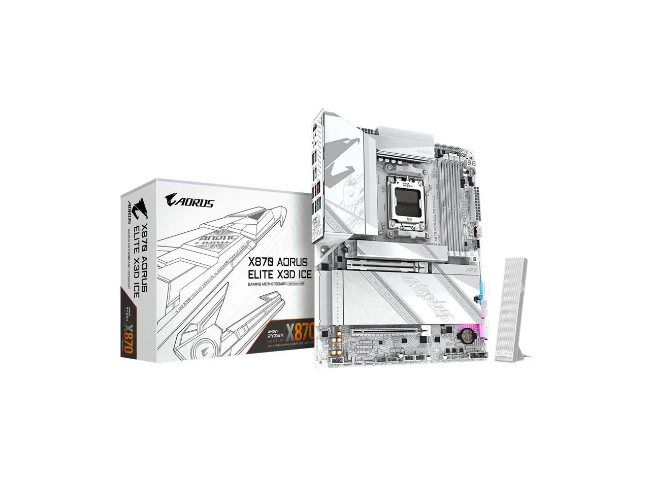 GIGABYTE X870 AORUS ELITE X3D ICE AMD AM5 ATX Motherboard, Support AMD Ryzen 9000/8000/7000 Series, DDR5, 16+2+2 Power Phase, 4x M.2, PCIe 5.0, USB4, WIFI7, PCIe-EZ Latch Plus, 5-Year Warranty
