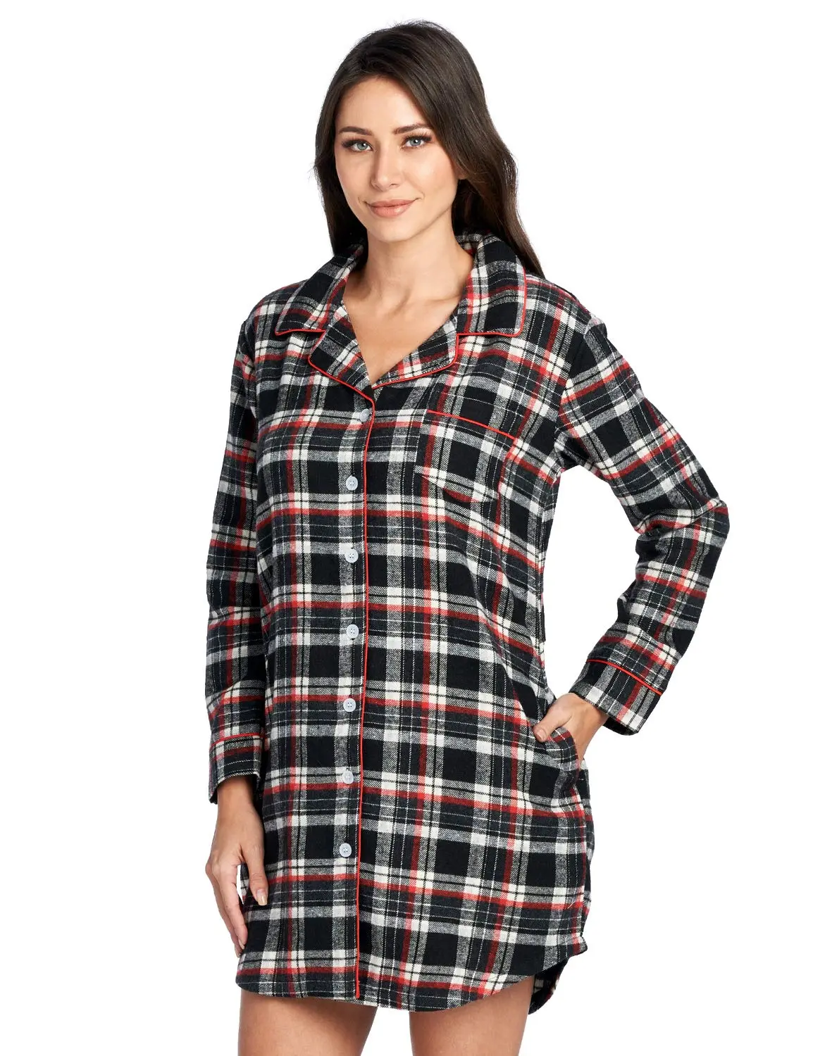 Ashford & Brooks Adults' Long Sleeve Flannel Plaid Button-Down Nightshirt - Cotton-Polyester Blend, Comfortable Boyfriend Style Everyday Fit Loungewear Shirt, Button-Down Front Closure, Minimize Shrinkage, Roomy, Patterned Flannel Nightshirts