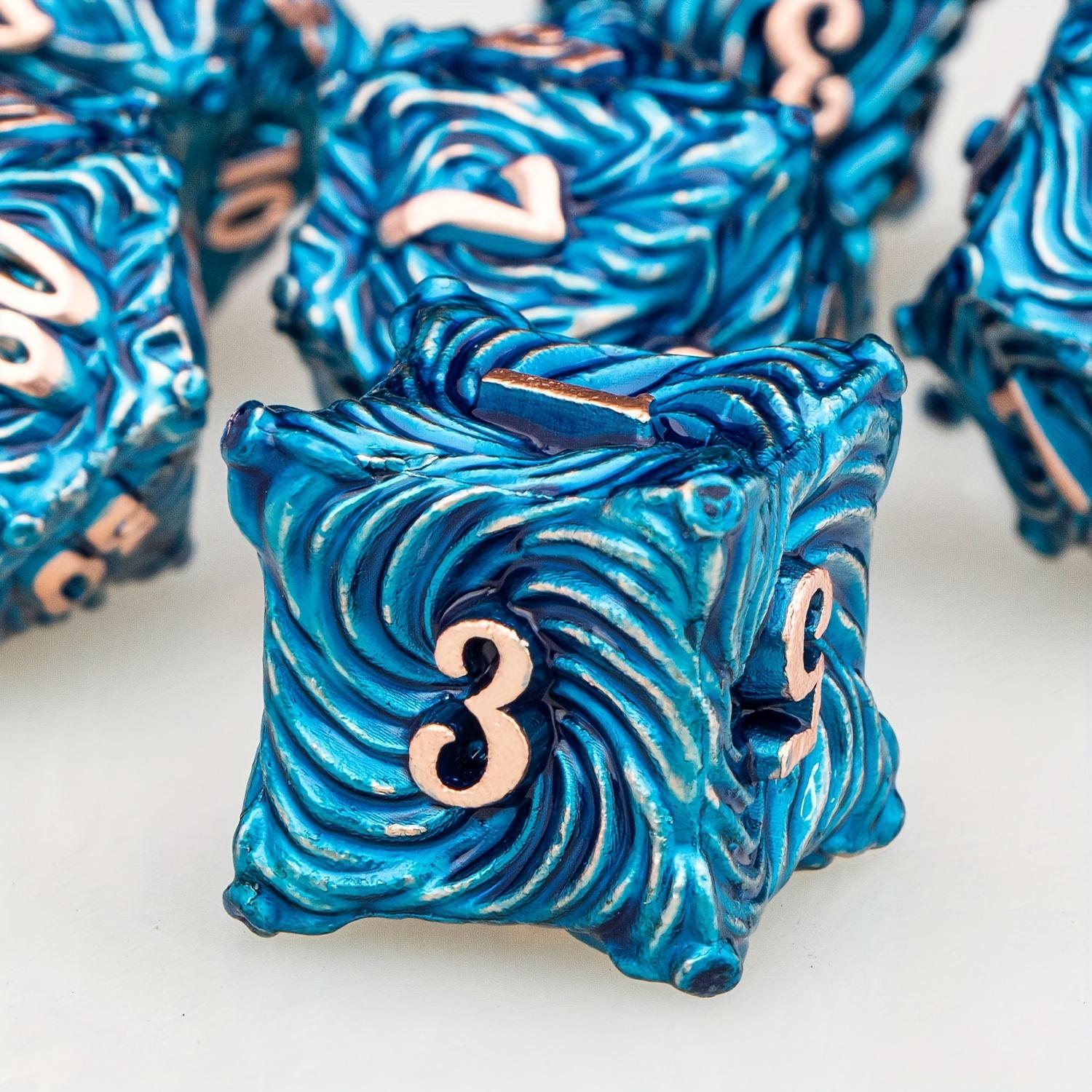 DND Metal Dice Set Blue Dungeons and Dragons Dice 7pcs Vortex Design D&D Dice Polyhedral Dice RPG D and D Role Playing Games Dice D20 D12 D10 D8 D6 D4