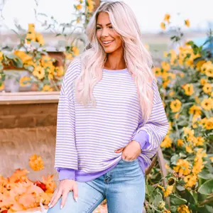 Stripe Print Crew Neck Drop Shoulder Long Sleeve Loose Casual Top For Women's Dailywear