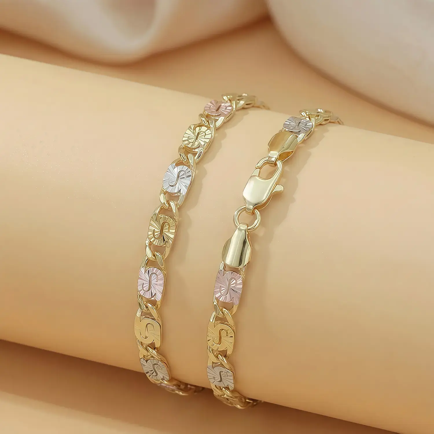 Womens Tri-Color Mariner Link Chain Bracelet Diamond Chain 7.28" Length Jewely, 14K Gold Plated Classic Tennis Bracelet - Hypoallergenic Gold Bracelets for Women - Simulated Diamond Bracelets | Trinity Classic Tennis Bracelet - Dainty Bracelets for Women