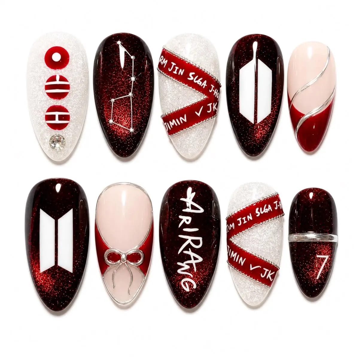 Kpop Arirang Inspired Press On Nails, Red Glitter Army Nails, Kpop Nail Art, Concert Fan Gift Nails