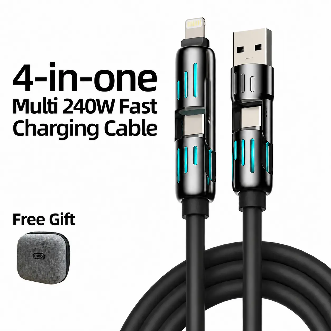 (BUY 1 GET 1 FREE) MOBI 4-in-1 240W Fast Charging Super Liquid Silicone Cable Charger with USB-A, Type-C, Lightning Compatibility for iPhone17, Samsung Devices, Laptops Durable Black