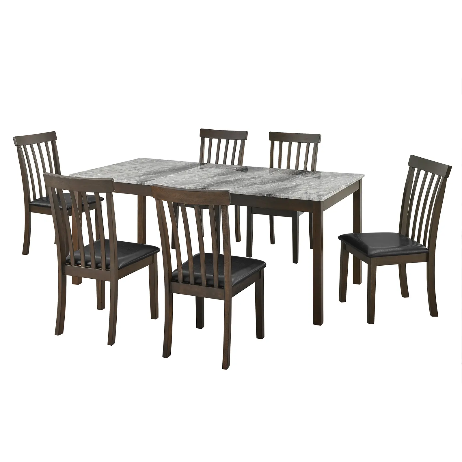 AMERLIFE 7-Piece Dining Table Set with 6 Chairs,Modern Solid Wood Dining Table Set with 6 Upholstered Chairs,71'' Marble kitchen table&Chair Set for 6 People,Marble&Brown