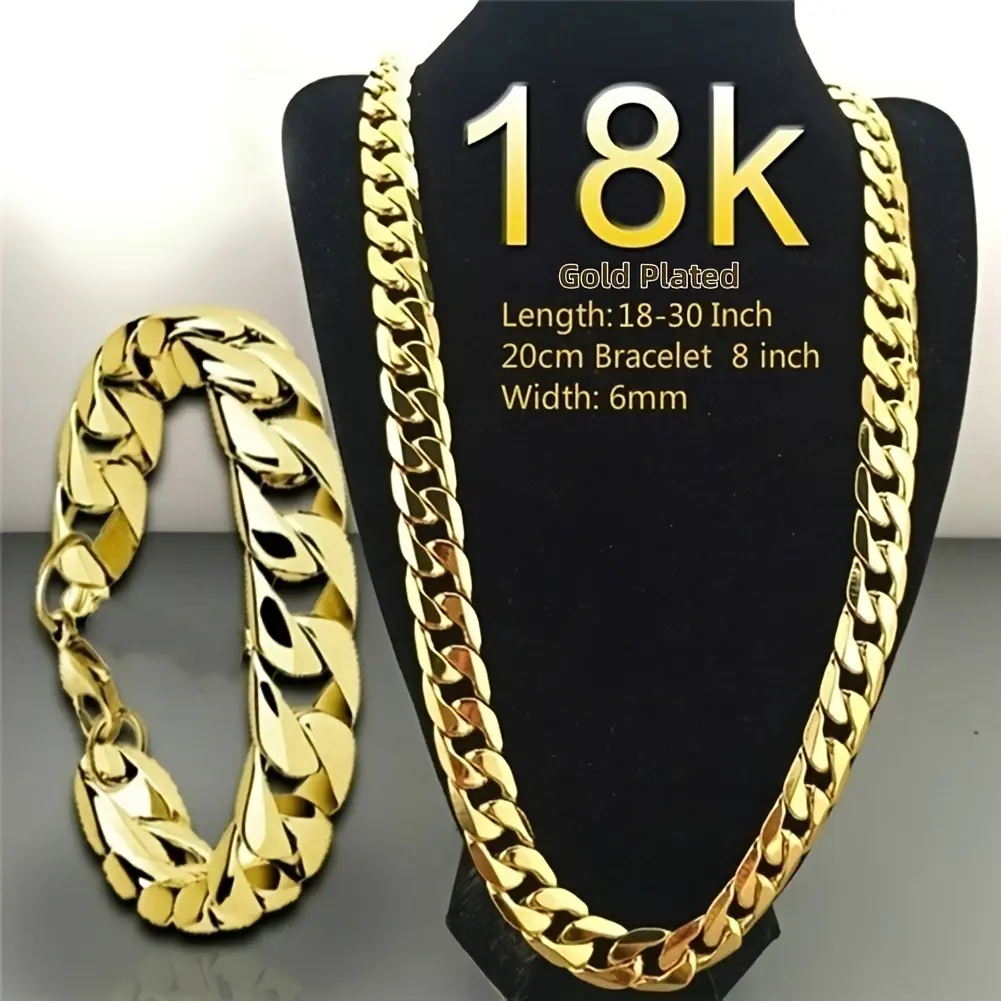 18K Gold Plated Men's Cuban Chain Necklace 18-30 Inch Heavy-Duty Interlocking Links Hypoallergenic Tarnish-Resistant Fashion Jewelry Gift 20cm Bracelet 6mm Width