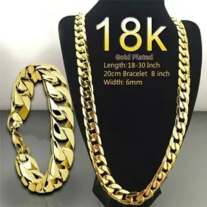 18K Gold Plated Men's Cuban Chain Necklace 18-30 Inch Heavy-Duty Interlocking Links Hypoallergenic Tarnish-Resistant Fashion Jewelry Gift 20cm Bracelet 6mm Width
