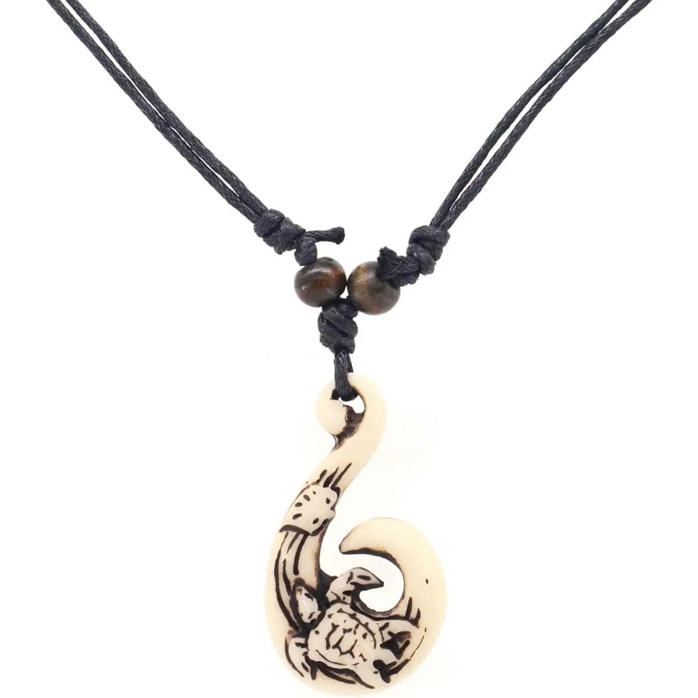 Maui Hawaiian Necklace with Maori Fish Hook Resin Pendant, Tribal Surfer Jewelry for Men & Women, Adjustable Rope Chain