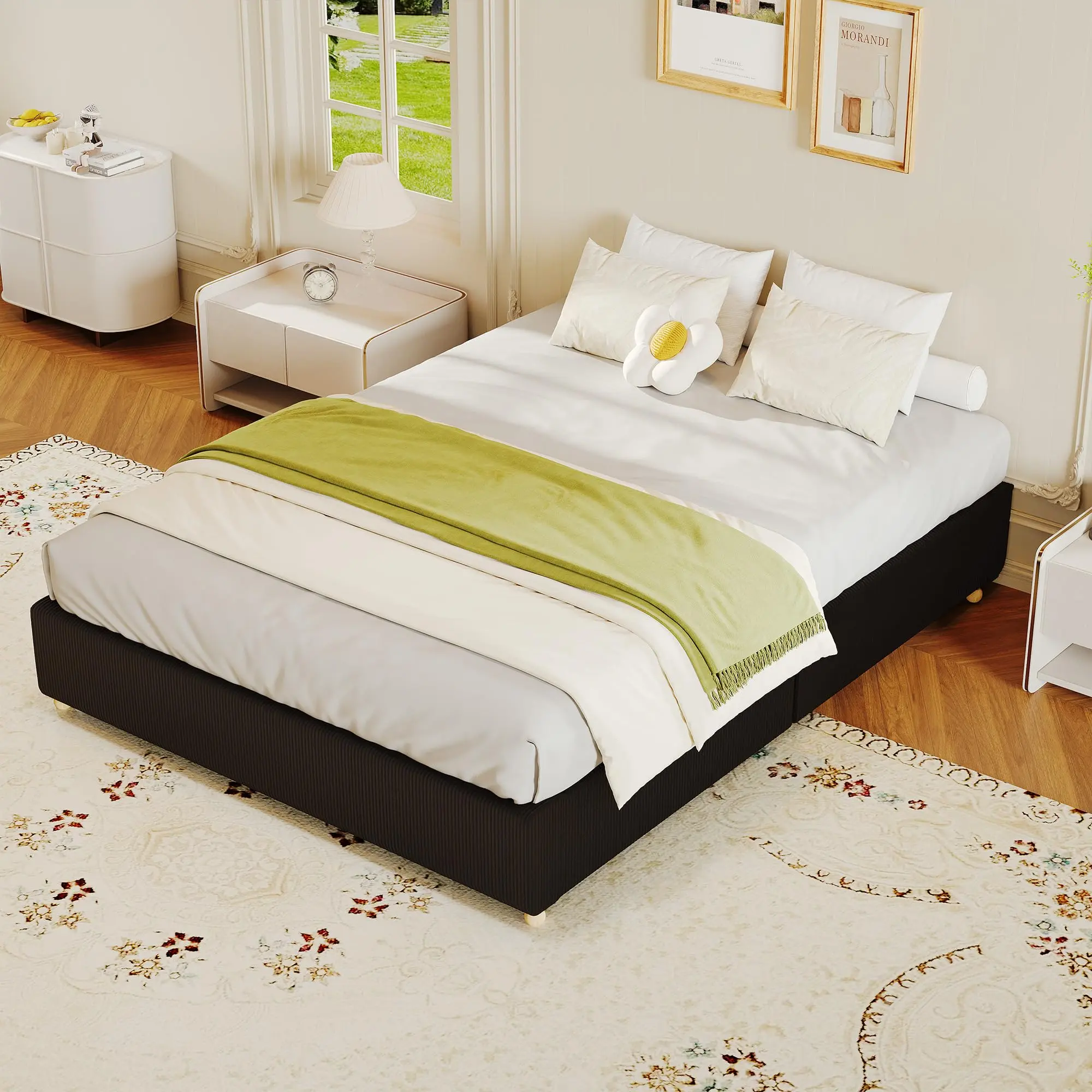 Garvee Full Size Cloud Bed FrameCorduroy Low Bed Frame Without Headboard, Thick Fabric Upholstered Platform Bed, Solid Wood Legs, No Box Spring Needed, Never Squeak, Easy Assembly, Black