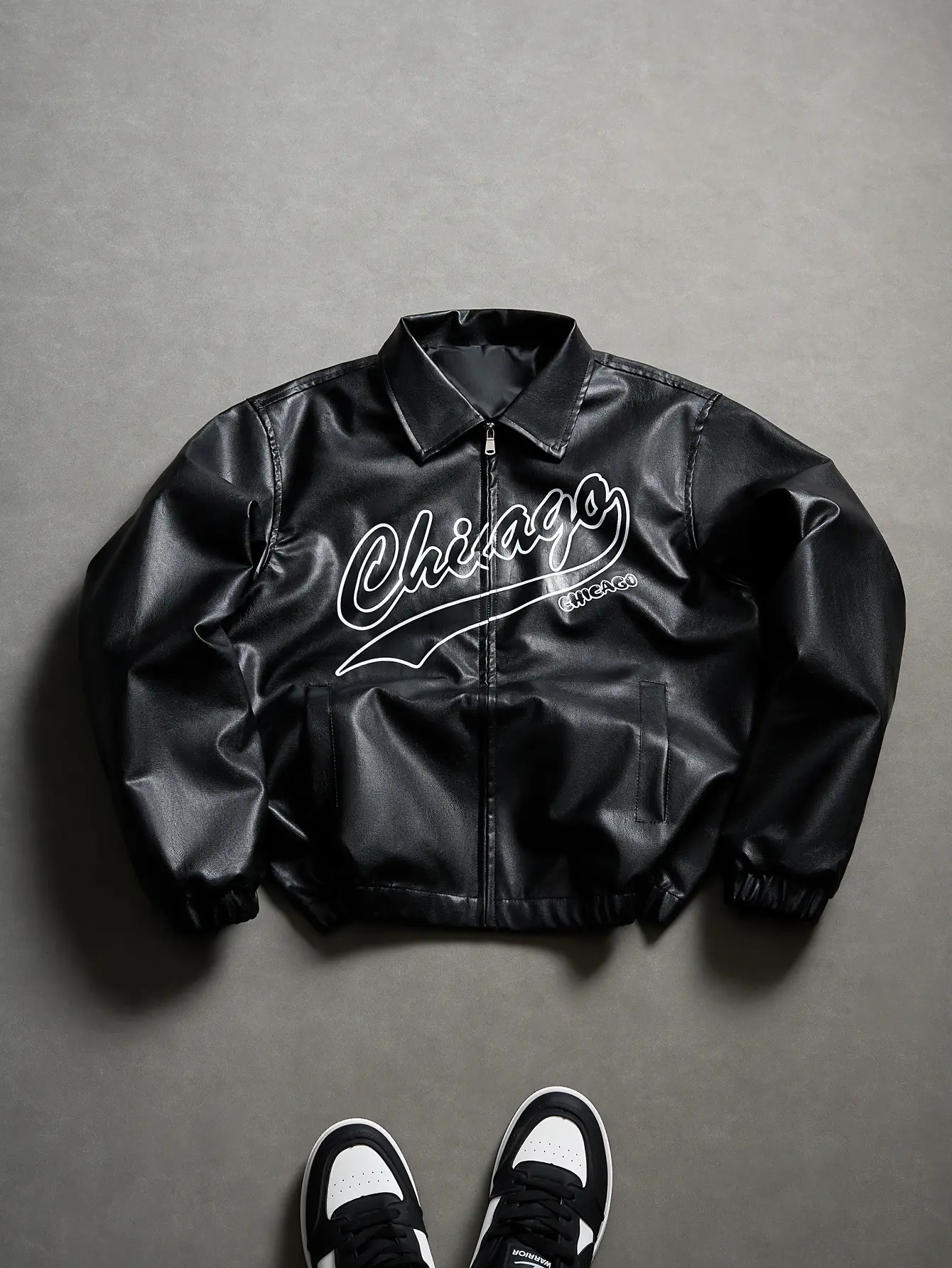 Men's Faux Leather Jacket with Turn-Down Collar, American Letter Print, Zippered Casual Outerwear