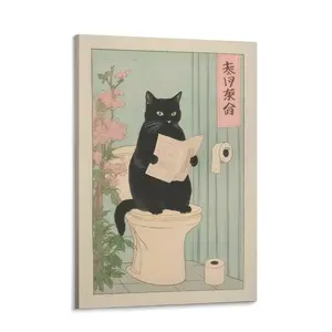 Japanese Black Cat on Toilet Poster – Funny Bathroom Print, Minimalist Japandi Wall Art, Neutral Aesthetic Cat Decor