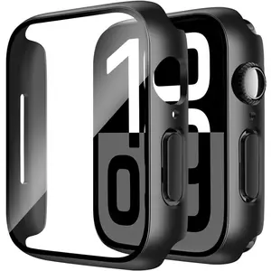 2 Pack Case Built in Tempered Glass Screen Protector Compatible with Apple Watch Series 10 46mm, Hard PC Case Overall Protective Cover- Black