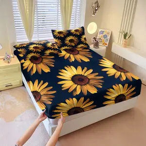 3Pcs Vibrant Sunflower Pattern Fitted Sheet Set, Modern Floral Digital Print Bedding Set, Bed Sets, Soft and Cozy Microfiber Bedspreads, Ideal for Brightening Up Your Bedroom and Creating a Contemporary Ambiance, Includes 2 Pillowcases, No Pillow Core