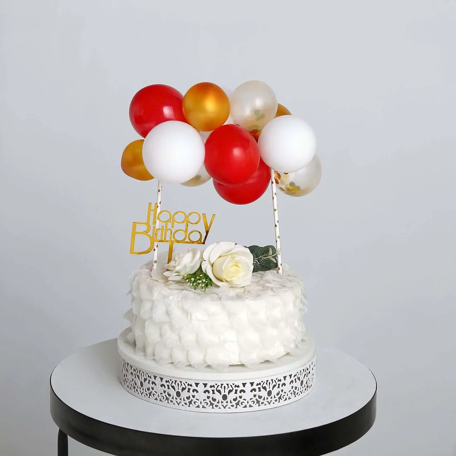 14 Pcs Colorful Plastic Disposable Clear, Gold, Red and White Balloon Cake Toppers - Whimsical Clustered Mini Garland Inserts for Birthday Cake Decorations, DIY Party Supplies, Ice Cream Treat Styling