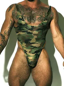 Men's Camouflage Jumpsuit Bodycon Sexy Muscle Man Stage Performance, Men's Innerwear Tank Top One-Piece Costume E777
