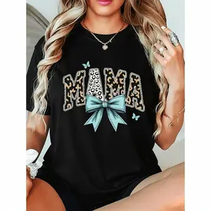 Women's Graphic T-Shirt - Leopard Print MAMA Design with Teal Bow & Butterflies, Short Sleeve Round Neck Casual Tee for Spring Summer Fall, Machine Washable, Ladies T Shirts, Comfortable Clothing, Bold Pr