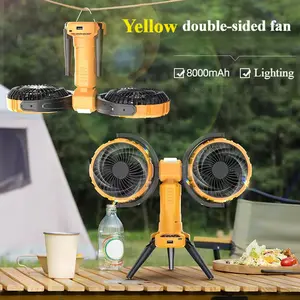 XTAUTO Rechargeable Camping Fan with LED Light, 8000mAh Battery Operated Portable Outdoor Fan, 270° Oscillating 360° Rotation Tent Fan for Beach Travel Fishing Home, Yellow Camping Fans