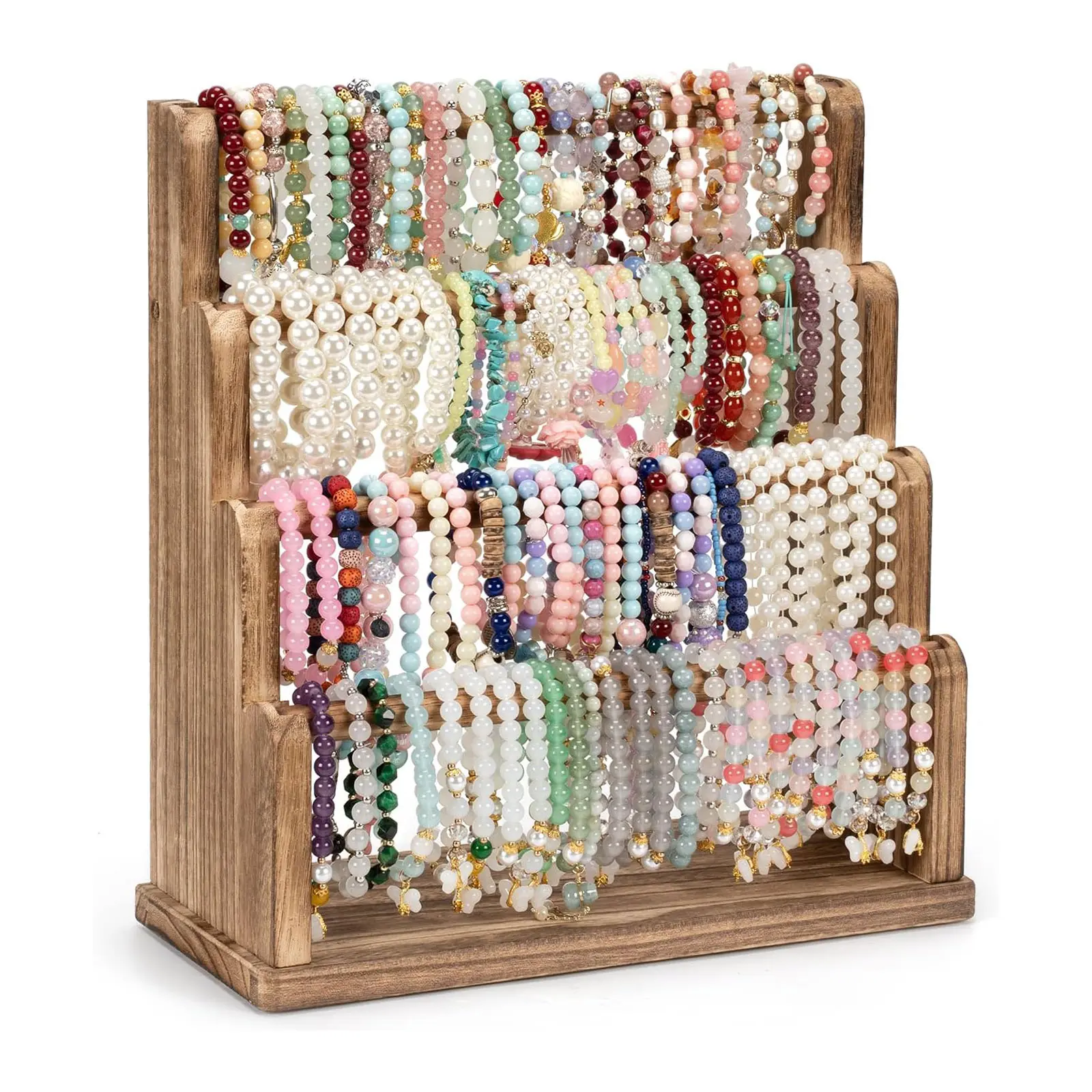 4-Tier Wooden Bracelet Holder Organizer, Rustic Jewelry Display Stand for Bracelets, Bangles, Watches & Scrunchies