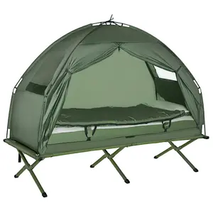 1 Person 5-in-1 Elevated Camping Tent Cot Set, Equipped with Air Mattress, Sleeping Bag, Pillow and Foot Pump. Folding camping cot comes with carry bag, ideal for outdoor hiking, RV trips, picnics, wilderness and backyard use