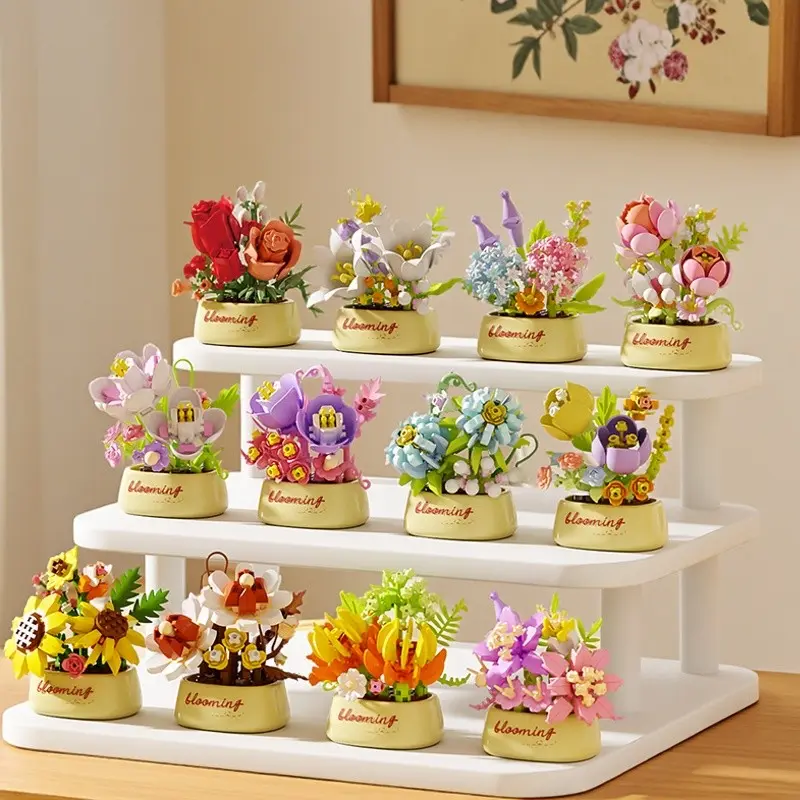 200+pcs Building Block Flower Set, Creative Assembly Toy, Permanent Flowers, Abs Material, Stress Relief, Decorative Ornament, Party Gift, Building Sets
