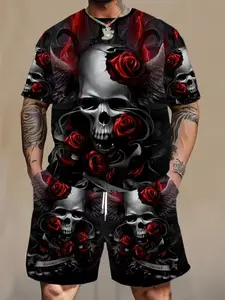 Men's Fashion Casual Set, 2-Piece Rose Skull Print, Short Sleeve Round Neck T-Shirt & Drawstring Shorts, Plus Size, All Seasons