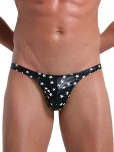 1pc Men's Faux Leather Printed Thong, Sequin Star Pattern & U-convex Design, Multi-color Stylish Underwear All Seasons Menswear