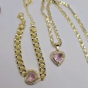 Heart Pink Stone's beautiful set chain 18"inches shorter regular style 18"inches with bracelet with roses yellow & Pink small 6 to 8"inches GOLD-PLATED