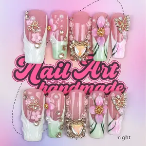 Delicatething Y2K Style Fashion Nails, Handmade Square Nail Tips, Rose & Cross Design, Perfect for Parties & Dates, Includes Jelly Glue & Crystal Rods