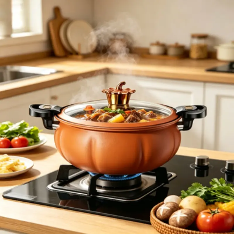 High-capacity multifunctional glass-capped pressure cooker for stewing, featuring a heat-resistant handle, easy cleaning, and a non-stick design suitable for both induction and gas stoves (8-quart). Its pumpkin-shaped design makes it perfect for Halloween