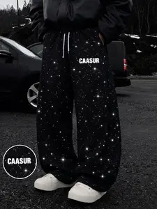 Unisex American street sweatpants; CAASUR glitter rhinestone wide-leg athletic pants in Y2K street style—casual, loose, and shiny. A versatile fashion piece suitable for nighttime outings and photography; it allows you to create stylish shots and is a tre