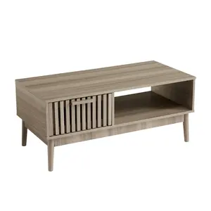 GAOMON 39.4" Coffee Table, Mid Century Modern Coffee Table with 1 Storage Drawer, Open Shelf & Wooden Legs, 2-Tier Fluted Rectangle Center Table for Living Room, Natural